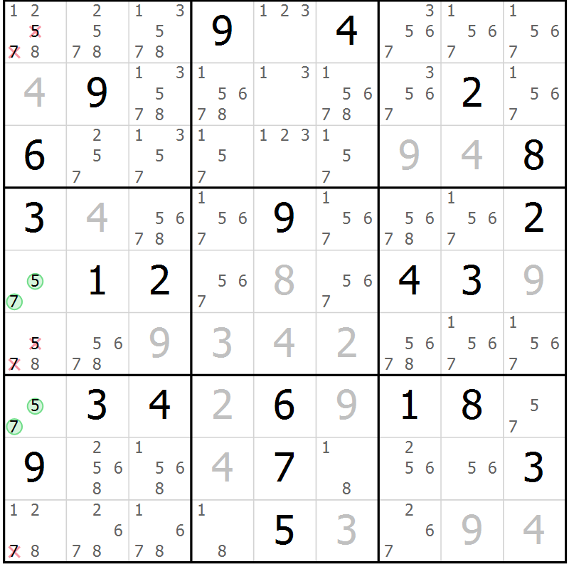 Position des candidats pour la solution de la Gr 117 page 120 du magazine de sudoku Giga sudoku niv 6-8 n° 016