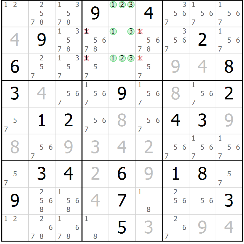 Position des candidats pour la solution de la Gr 117 page 120 du magazine de sudoku Giga sudoku niv 6-8 n° 016