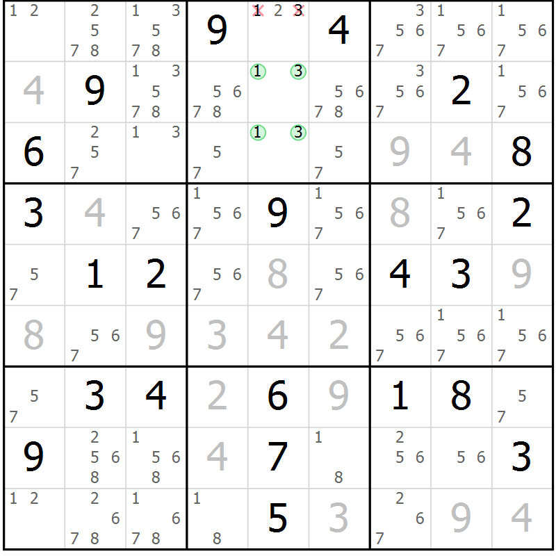 Position des candidats pour la solution de la Gr 117 page 120 du magazine de sudoku Giga sudoku niv 6-8 n° 016