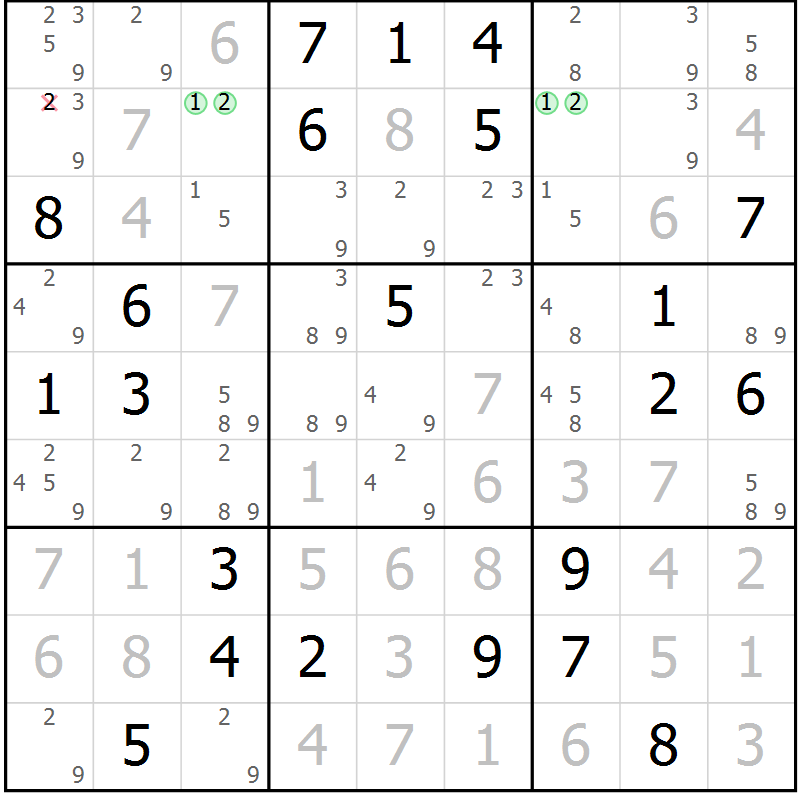 Position des candidats pour la solution de la Gr 118 page 121 du magazine de sudoku Giga sudoku niv 6-8 n° 016