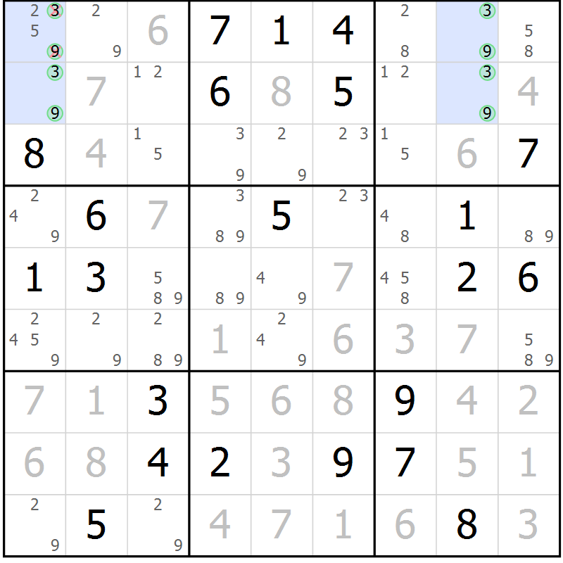 Position des candidats pour la solution de la Gr 118 page 121 du magazine de sudoku Giga sudoku niv 6-8 n° 016