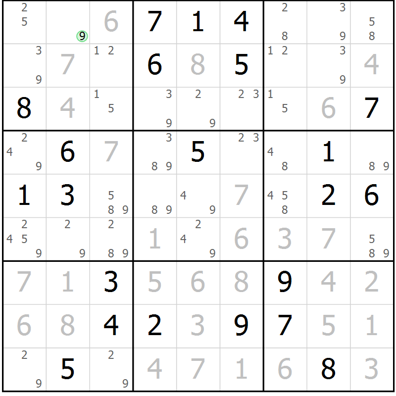 Position des candidats pour la solution de la Gr 118 page 121 du magazine de sudoku Giga sudoku niv 6-8 n° 016