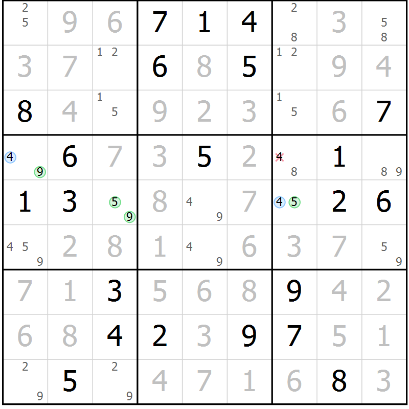 Position des candidats pour la solution de la Gr 118 page 121 du magazine de sudoku Giga sudoku niv 6-8 n° 016
