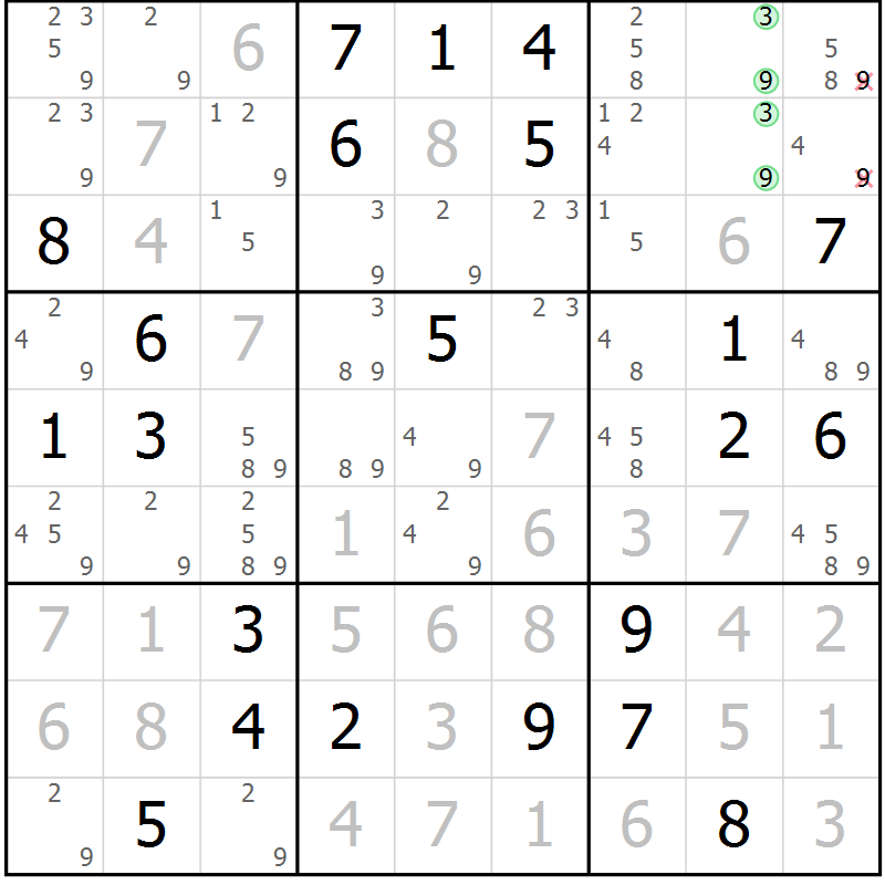 Position des candidats pour la solution de la Gr 118 page 121 du magazine de sudoku Giga sudoku niv 6-8 n° 016