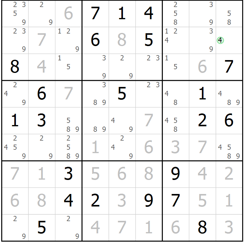 Position des candidats pour la solution de la Gr 118 page 121 du magazine de sudoku Giga sudoku niv 6-8 n° 016