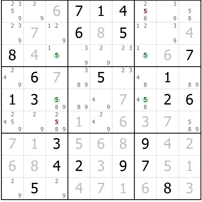 Position des candidats pour la solution de la Gr 118 page 121 du magazine de sudoku Giga sudoku niv 6-8 n° 016
