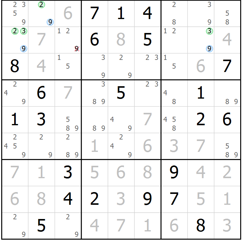 Position des candidats pour la solution de la Gr 118 page 121 du magazine de sudoku Giga sudoku niv 6-8 n° 016