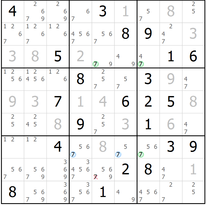 Position des candidats pour la solution de la Gr 119 page 122 du magazine de sudoku Giga sudoku niv 6-8 n° 016
