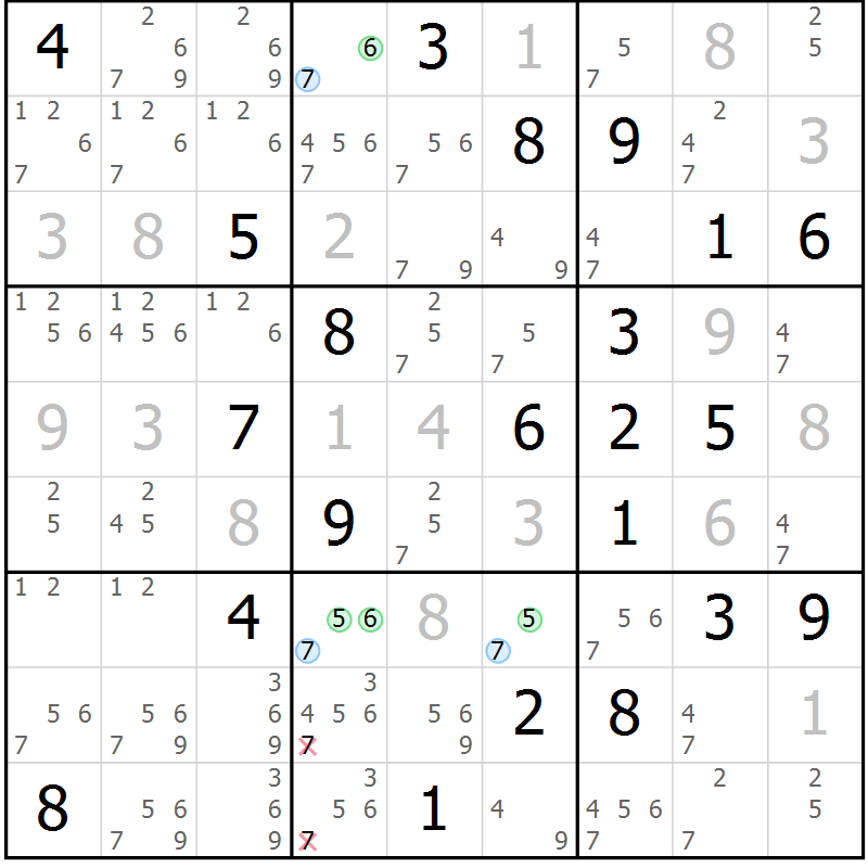 Position des candidats pour la solution de la Gr 119 page 122 du magazine de sudoku Giga sudoku niv 6-8 n° 016