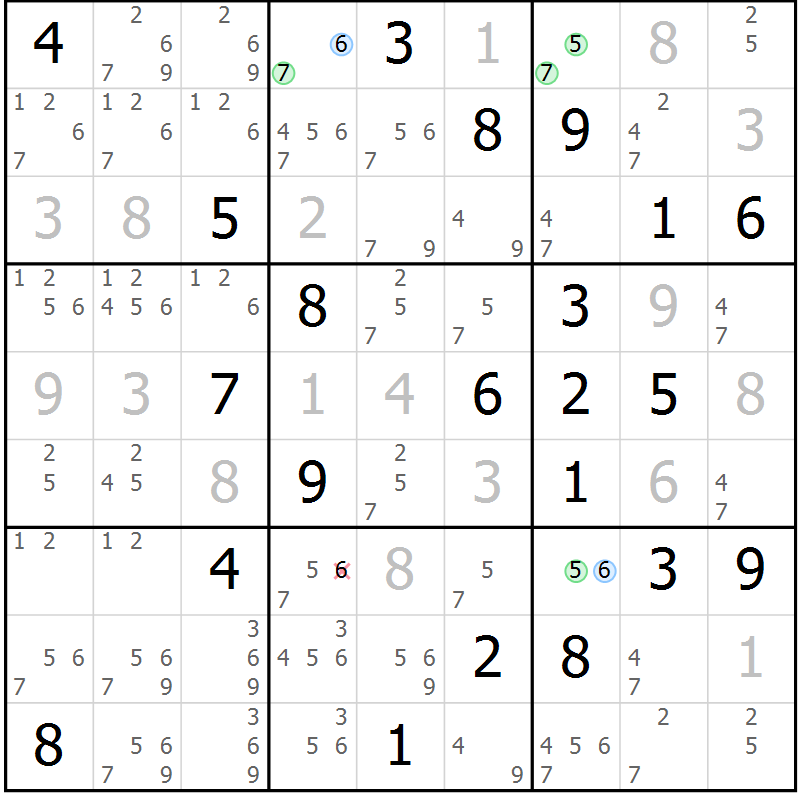 Position des candidats pour la solution de la Gr 119 page 122 du magazine de sudoku Giga sudoku niv 6-8 n° 016
