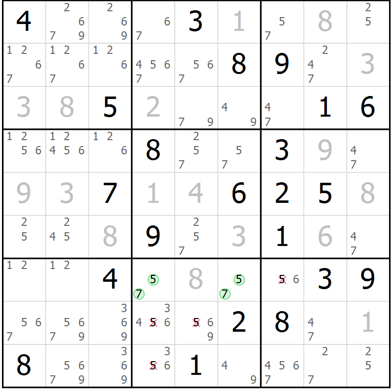 Position des candidats pour la solution de la Gr 119 page 122 du magazine de sudoku Giga sudoku niv 6-8 n° 016