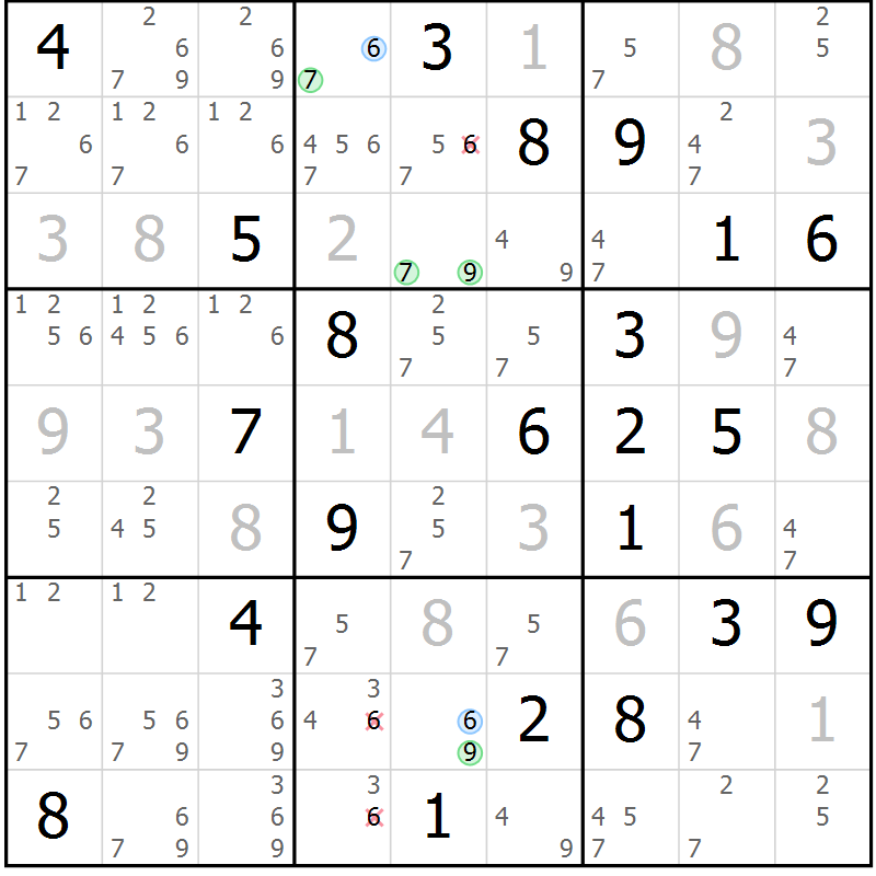 Position des candidats pour la solution de la Gr 119 page 122 du magazine de sudoku Giga sudoku niv 6-8 n° 016