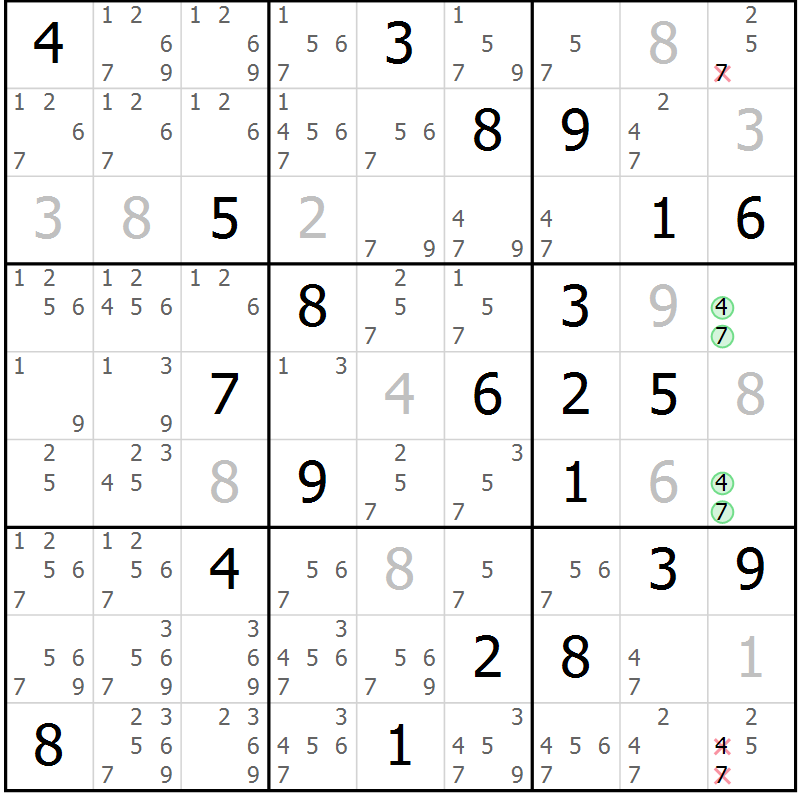 Position des candidats pour la solution de la Gr 119 page 122 du magazine de sudoku Giga sudoku niv 6-8 n° 016