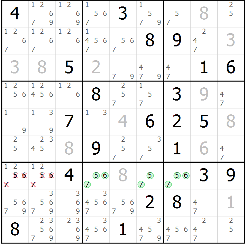 Position des candidats pour la solution de la Gr 119 page 122 du magazine de sudoku Giga sudoku niv 6-8 n° 016
