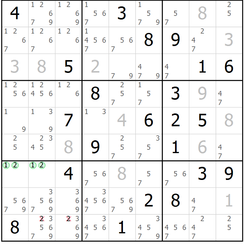 Position des candidats pour la solution de la Gr 119 page 122 du magazine de sudoku Giga sudoku niv 6-8 n° 016