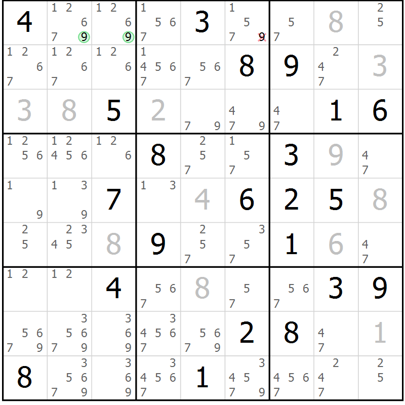 Position des candidats pour la solution de la Gr 119 page 122 du magazine de sudoku Giga sudoku niv 6-8 n° 016
