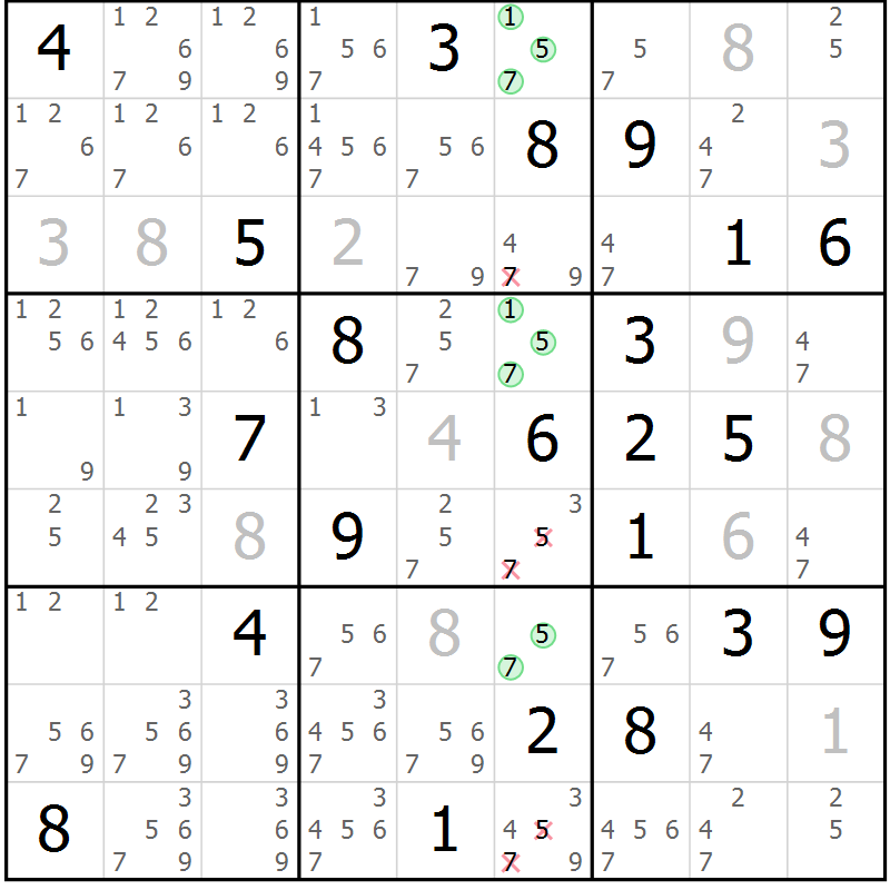 Position des candidats pour la solution de la Gr 119 page 122 du magazine de sudoku Giga sudoku niv 6-8 n° 016