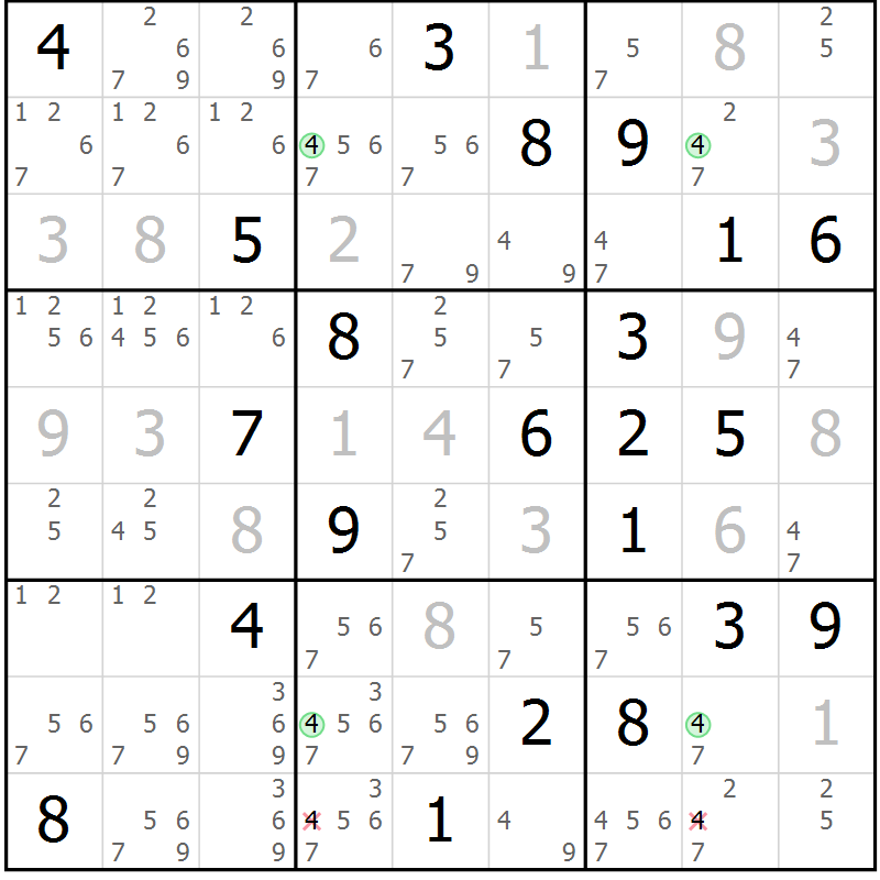 Position des candidats pour la solution de la Gr 119 page 122 du magazine de sudoku Giga sudoku niv 6-8 n° 016