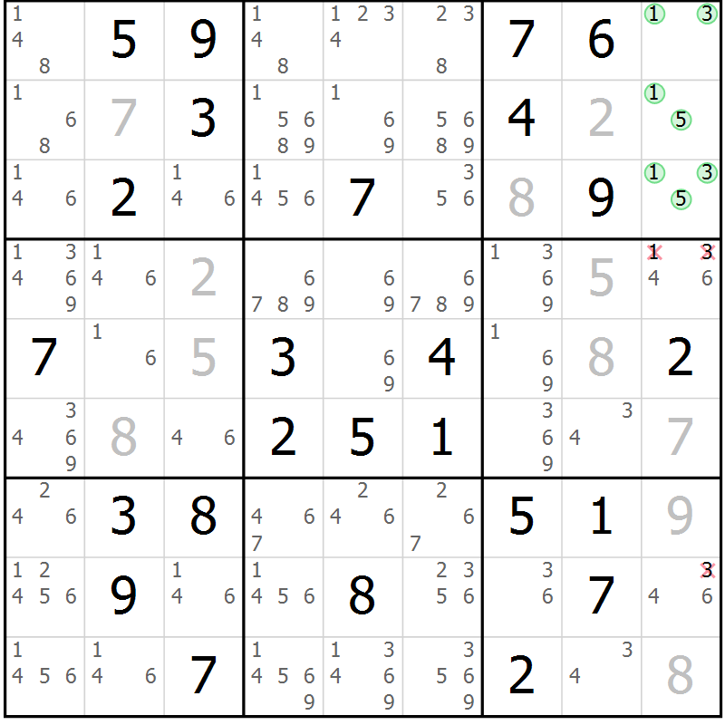 Position des candidats pour la solution de la Gr 12 page 15 du magazine de sudoku Giga sudoku niv 6-8 n° 016