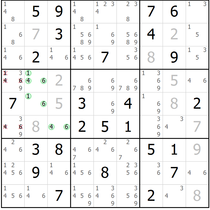 Position des candidats pour la solution de la Gr 12 page 15 du magazine de sudoku Giga sudoku niv 6-8 n° 016