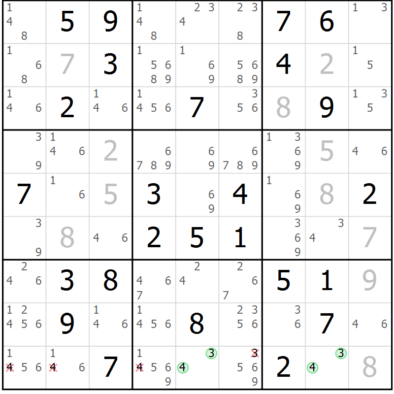 Position des candidats pour la solution de la Gr 12 page 15 du magazine de sudoku Giga sudoku niv 6-8 n° 016