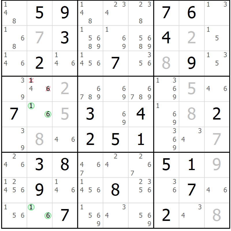 Position des candidats pour la solution de la Gr 12 page 15 du magazine de sudoku Giga sudoku niv 6-8 n° 016