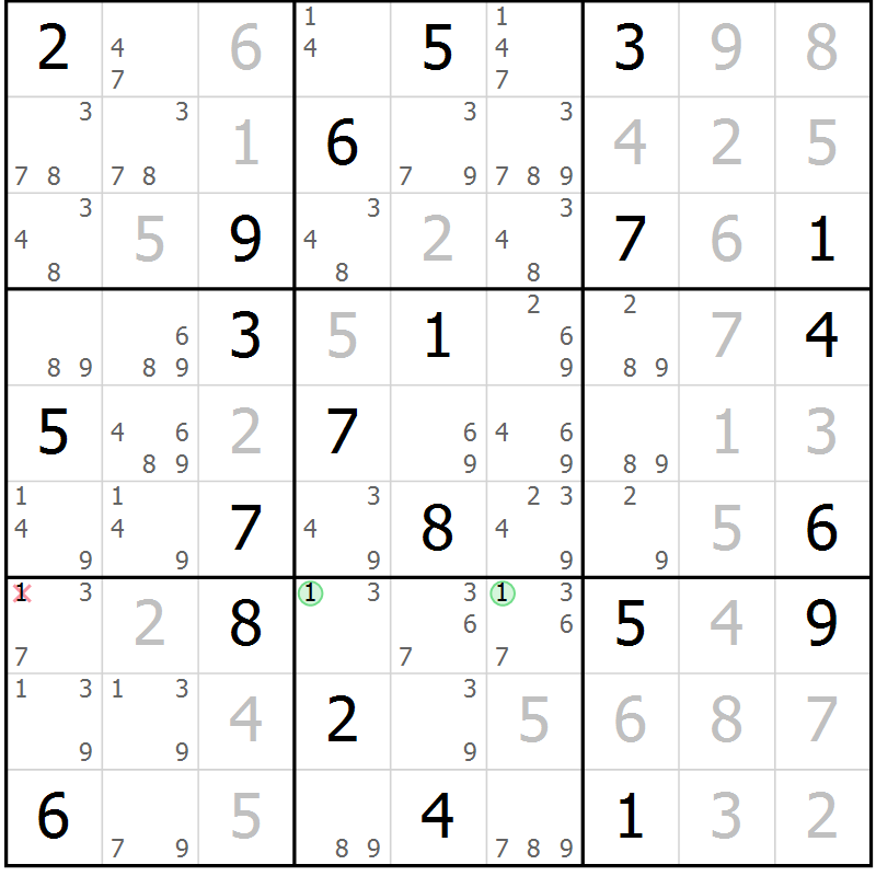 Position des candidats pour la solution de la Gr 121 page 124 du magazine de sudoku Giga sudoku niv 6-8 n° 016