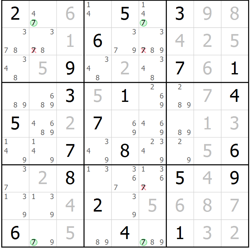 Position des candidats pour la solution de la Gr 121 page 124 du magazine de sudoku Giga sudoku niv 6-8 n° 016