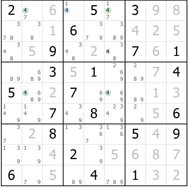 Position des candidats pour la solution de la Gr 121 page 124 du magazine de sudoku Giga sudoku niv 6-8 n° 016