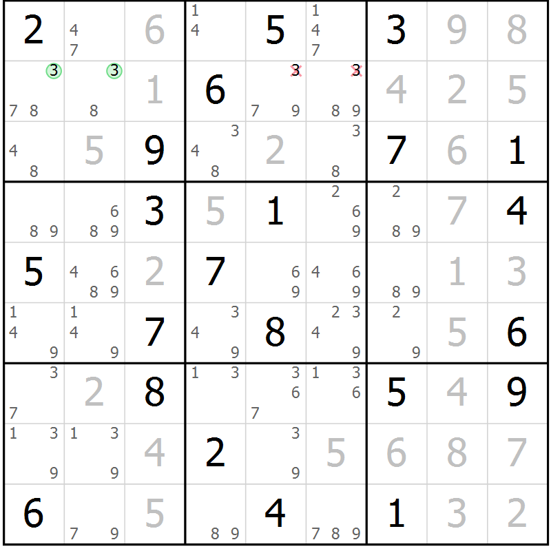 Position des candidats pour la solution de la Gr 121 page 124 du magazine de sudoku Giga sudoku niv 6-8 n° 016