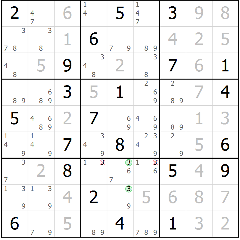 Position des candidats pour la solution de la Gr 121 page 124 du magazine de sudoku Giga sudoku niv 6-8 n° 016