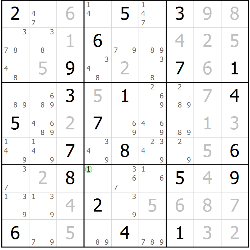 Position des candidats pour la solution de la Gr 121 page 124 du magazine de sudoku Giga sudoku niv 6-8 n° 016