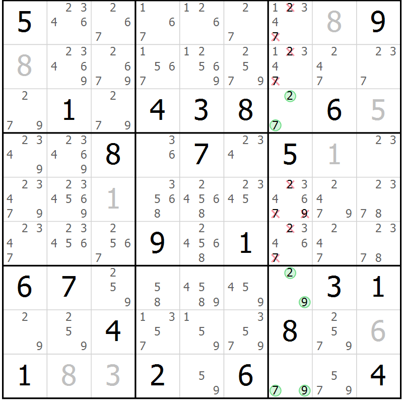 Position des candidats pour la solution de la Gr 123 page 126 du magazine de sudoku Giga sudoku niv 6-8 n° 016