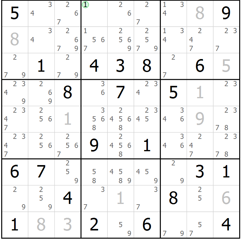 Position des candidats pour la solution de la Gr 123 page 126 du magazine de sudoku Giga sudoku niv 6-8 n° 016