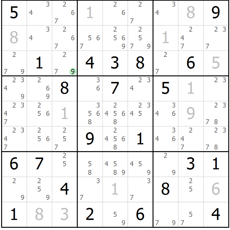 Position des candidats pour la solution de la Gr 123 page 126 du magazine de sudoku Giga sudoku niv 6-8 n° 016