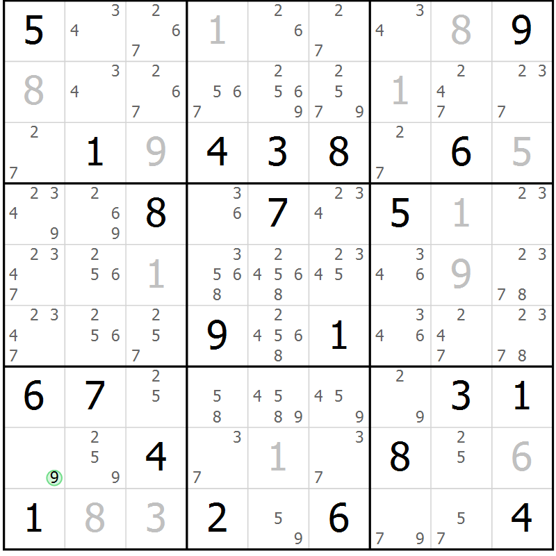 Position des candidats pour la solution de la Gr 123 page 126 du magazine de sudoku Giga sudoku niv 6-8 n° 016