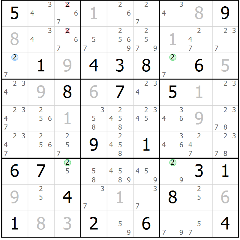Position des candidats pour la solution de la Gr 123 page 126 du magazine de sudoku Giga sudoku niv 6-8 n° 016