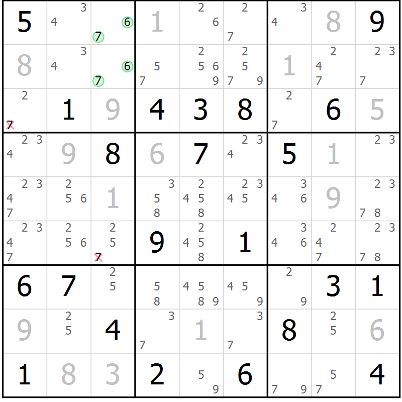 Position des candidats pour la solution de la Gr 123 page 126 du magazine de sudoku Giga sudoku niv 6-8 n° 016