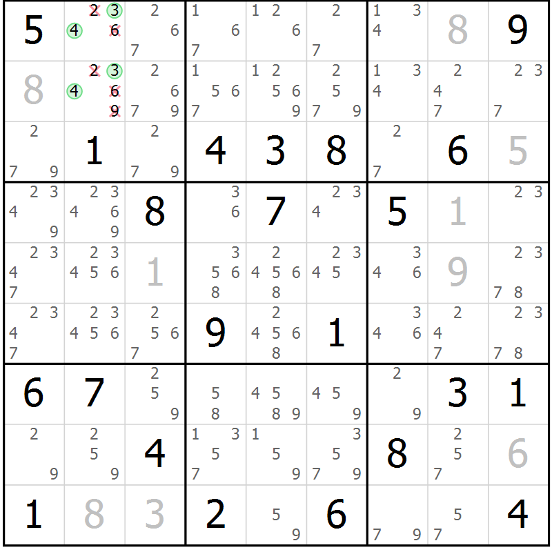 Position des candidats pour la solution de la Gr 123 page 126 du magazine de sudoku Giga sudoku niv 6-8 n° 016