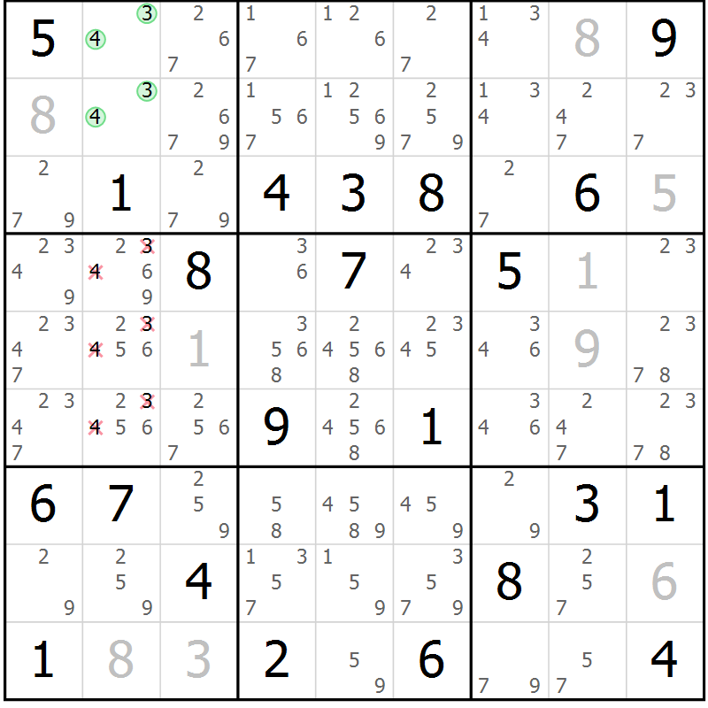 Position des candidats pour la solution de la Gr 123 page 126 du magazine de sudoku Giga sudoku niv 6-8 n° 016