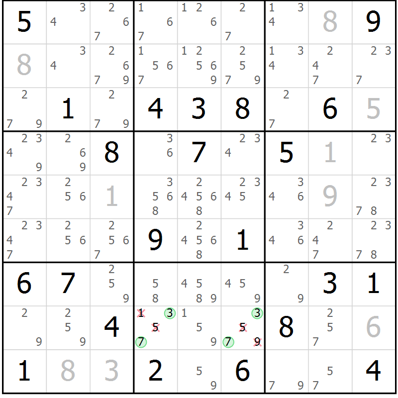 Position des candidats pour la solution de la Gr 123 page 126 du magazine de sudoku Giga sudoku niv 6-8 n° 016