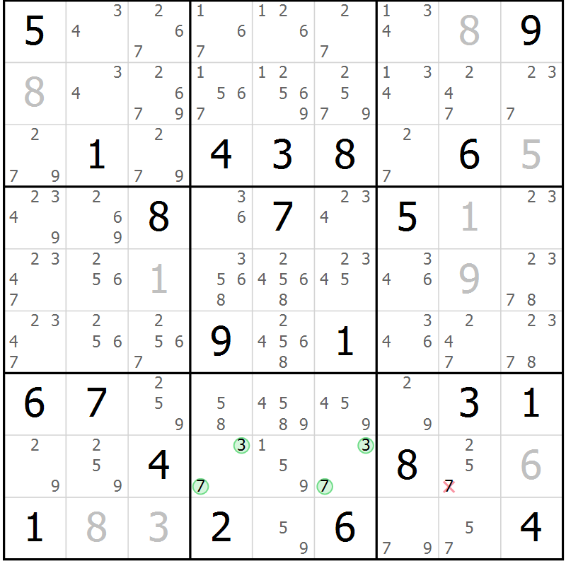 Position des candidats pour la solution de la Gr 123 page 126 du magazine de sudoku Giga sudoku niv 6-8 n° 016