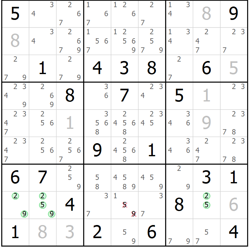 Position des candidats pour la solution de la Gr 123 page 126 du magazine de sudoku Giga sudoku niv 6-8 n° 016