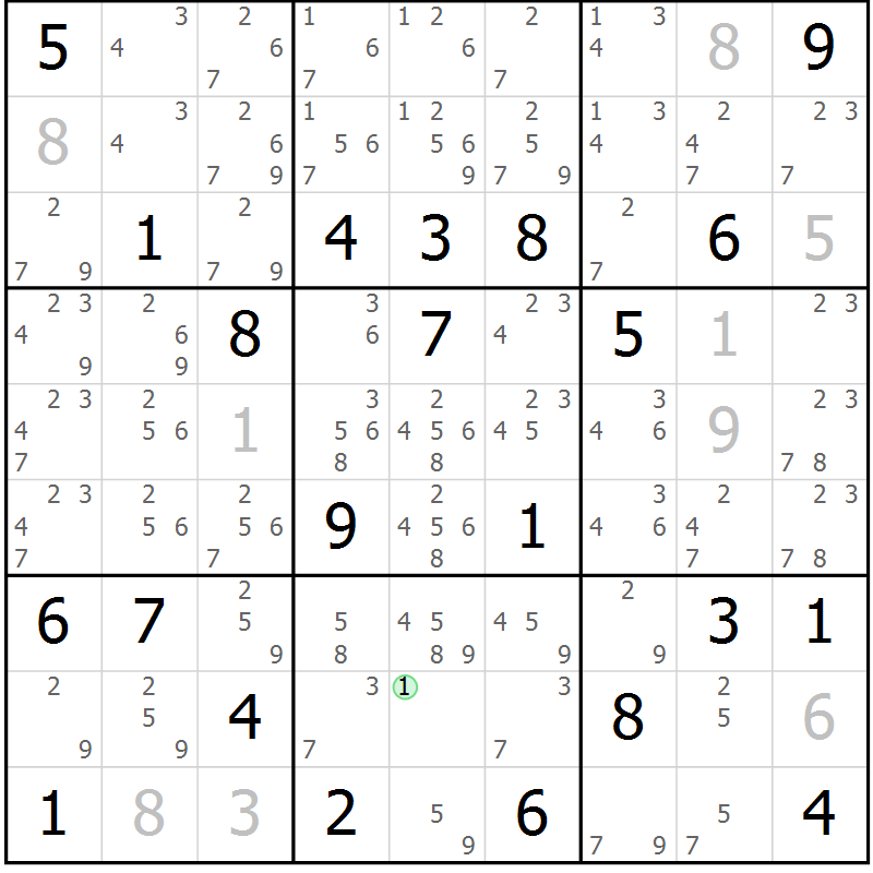 Position des candidats pour la solution de la Gr 123 page 126 du magazine de sudoku Giga sudoku niv 6-8 n° 016