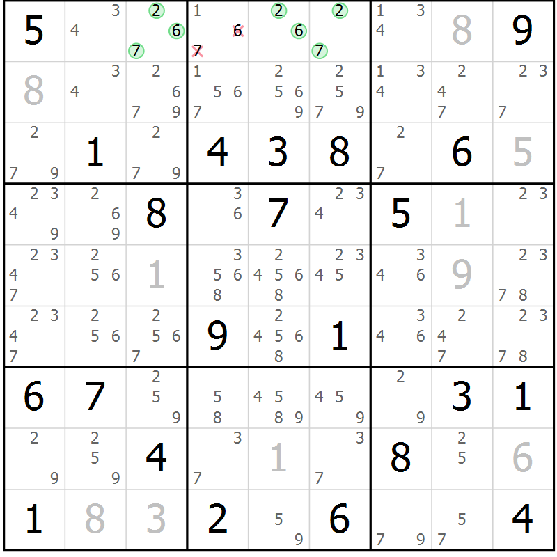 Position des candidats pour la solution de la Gr 123 page 126 du magazine de sudoku Giga sudoku niv 6-8 n° 016