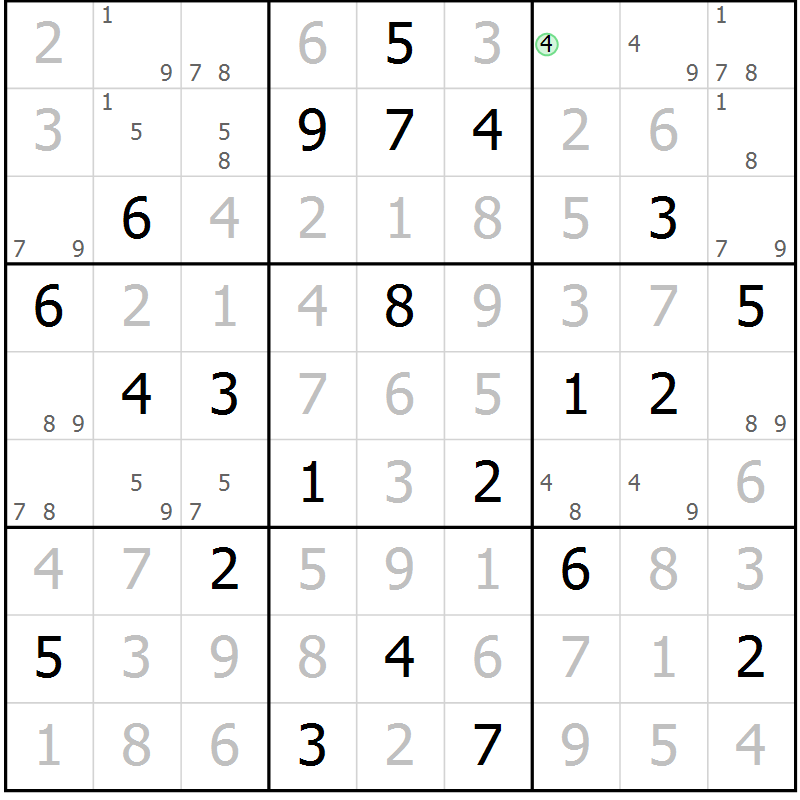 Position des candidats pour la solution de la Gr 124 page 127 du magazine de sudoku Giga sudoku niv 6-8 n° 016