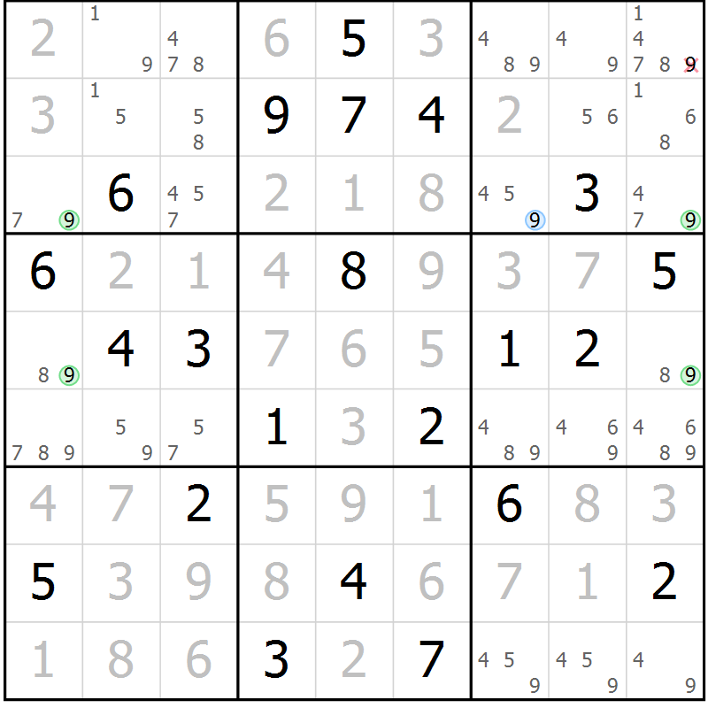 Position des candidats pour la solution de la Gr 124 page 127 du magazine de sudoku Giga sudoku niv 6-8 n° 016