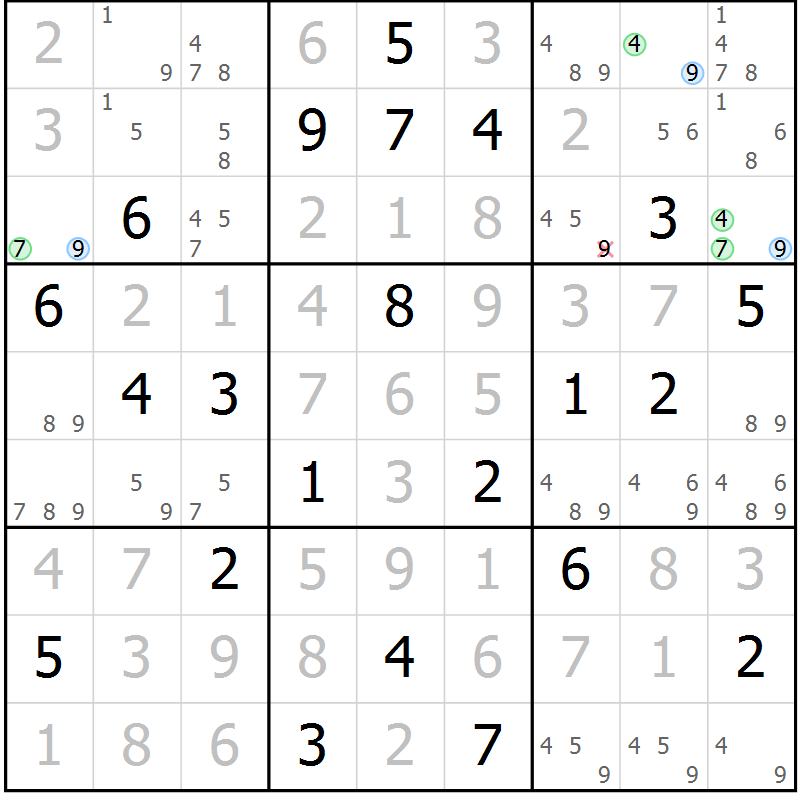 Position des candidats pour la solution de la Gr 124 page 127 du magazine de sudoku Giga sudoku niv 6-8 n° 016