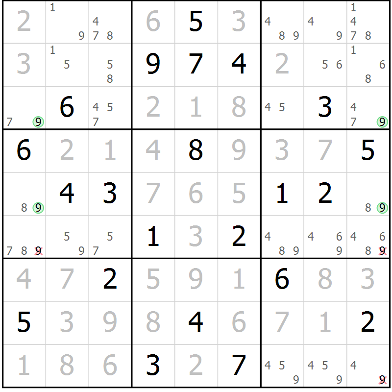 Position des candidats pour la solution de la Gr 124 page 127 du magazine de sudoku Giga sudoku niv 6-8 n° 016