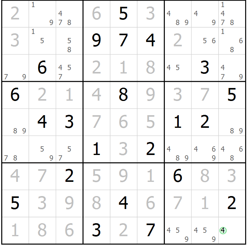 Position des candidats pour la solution de la Gr 124 page 127 du magazine de sudoku Giga sudoku niv 6-8 n° 016